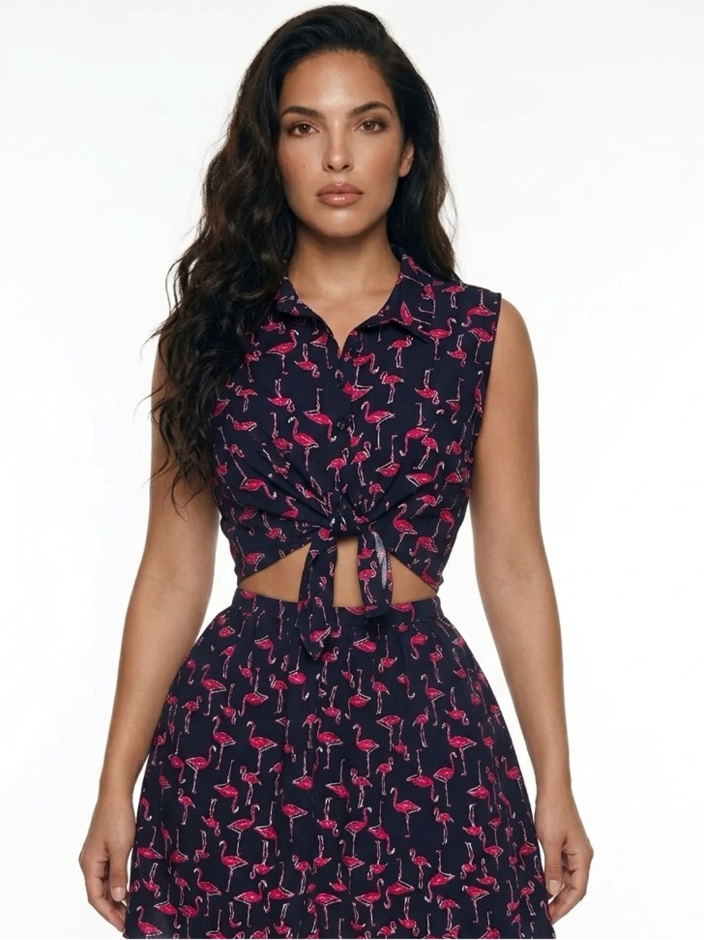 MODCLOTH | Navy Blue & Pink Flamingo Tie-Front Cutout Dress Women’s Size Large